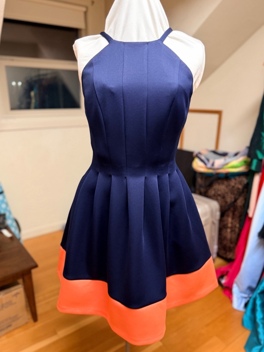 Navy and Coral Fit-and-Flare Dress